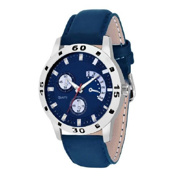 Blue Round Dial Leather Strap Analog Watch For Men  -  M96