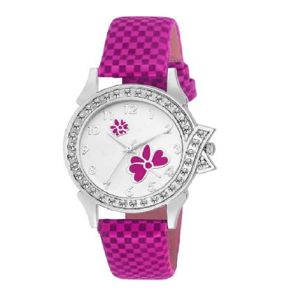 Pink Flower American Diamond Wrist Watch For Women - L13