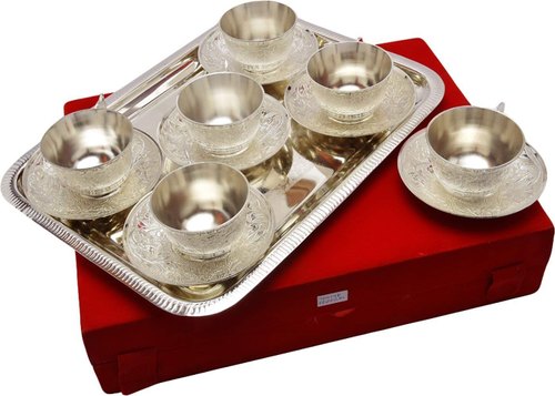 Baldhari Exports Round Brass Cup Plate Set, Color : Silver