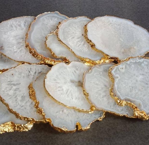 Gold polished Agate Stone Tea Coaster, for Restaurant Use, Tableware, Feature : Fine Finishing, Light Weight