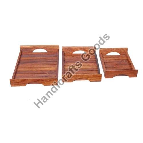 Handicrafts Goods Rectangular Wooden Tray Set, Size : 14 Inch