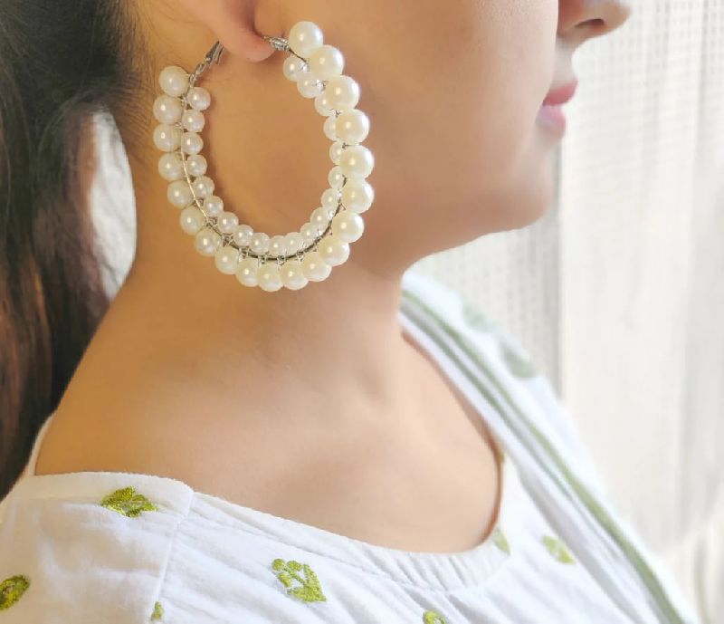 Polished Statement Pearl Hoop Earrings, Style : Antique