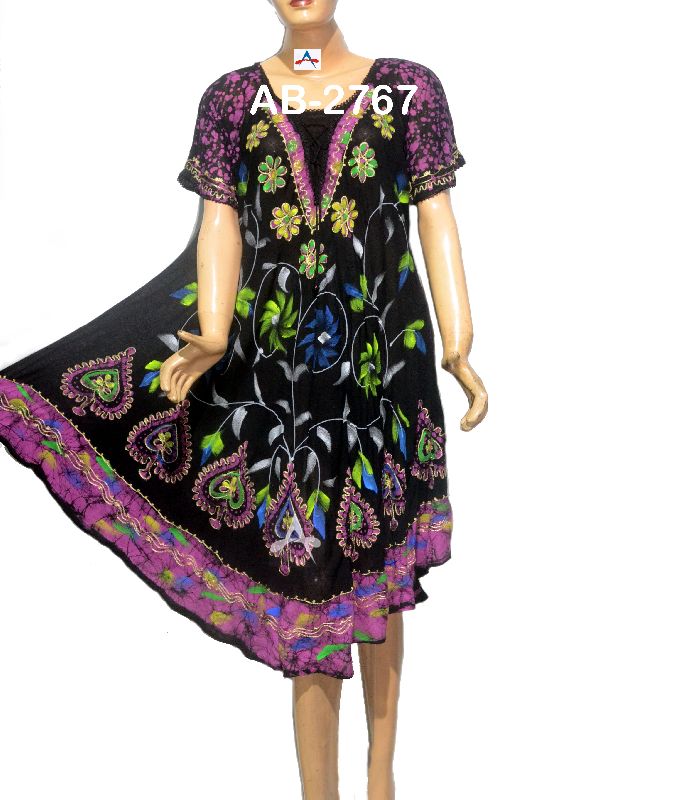 Round Neck Rayon Crepe Embroidered 0.240 gm multicolor batik dress, Packaging Type : Poly Bag