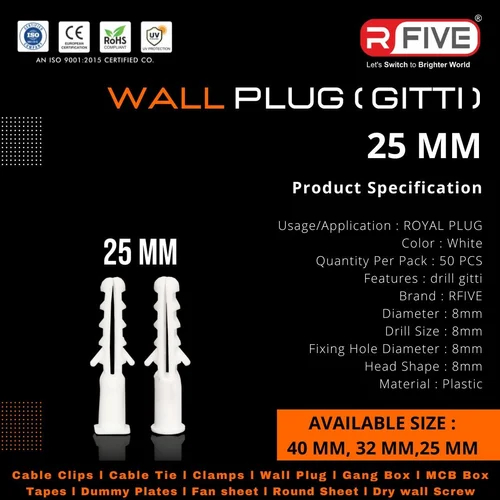 25mm Plastic White Wall Plugs, Feature : Crack Proof, Durable Nature, Optimum Quality, Supreme Finish