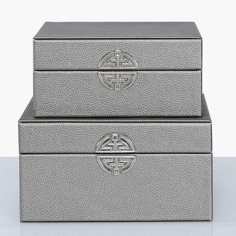 Rectangle Set of Two Grey Leather Boxes, for storing items