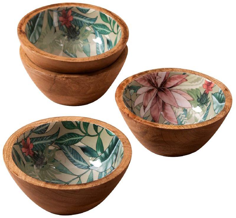 Printed Polished Wooden Bowl Set, Shape : Round
