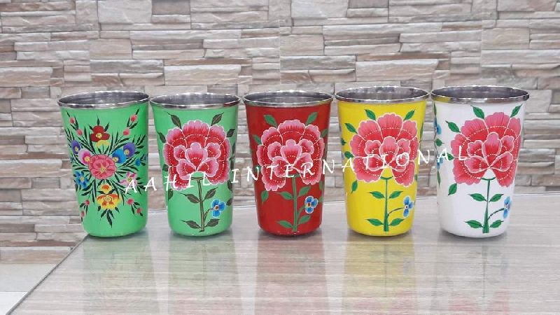 AAHIL INTERNATIONAL Taper hand painted tumbler, for Drinking, Size : 11 X 7.5 Cms