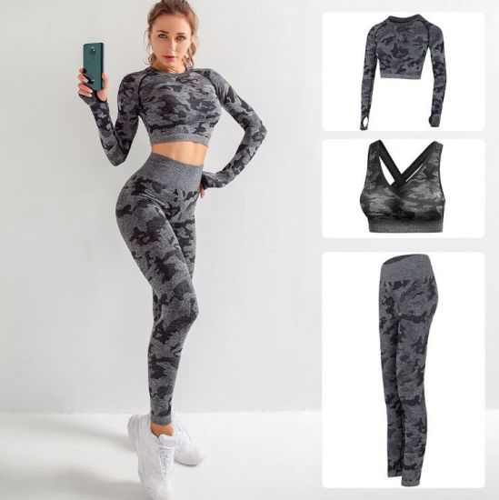 Women Long Sleeve Yoga Set Zipper Top Sport Suit Bra Workout