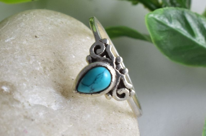 Silver Floral Motif Theme Turquoise Filigree Spiritual Ring