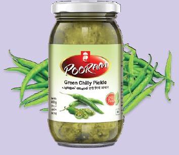 Pooram Foods green chilli pickle, Packaging Type : Glass Bottle, Plastic Bottle, Plastic Pack-Pouch