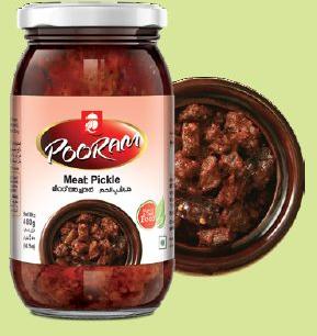 Pooram Foods meat pickle, Packaging Type : Glass Bottle, Plastic Bottle, Plastic Pack-Pouch