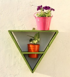 WOODEN TRIANGLE WALL STAND AND METAL POTS