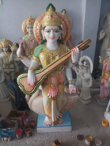 Painted Worship Marble Saraswati Statue, Packaging Type : Wooden Carton Box