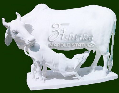 Marble Cow and Calf Statue, Color : White