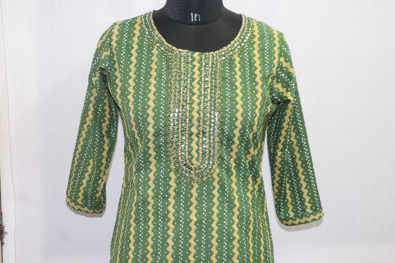 Cotton Green mirror work kurti, Feature : Comfortable, Dry Cleaning, Embroidered, Impeccable Finish