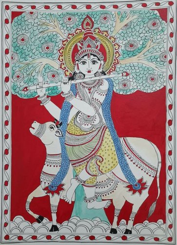 Canvas Krishna Madhubani Painting, for Home Decoration, Pattern : Printed