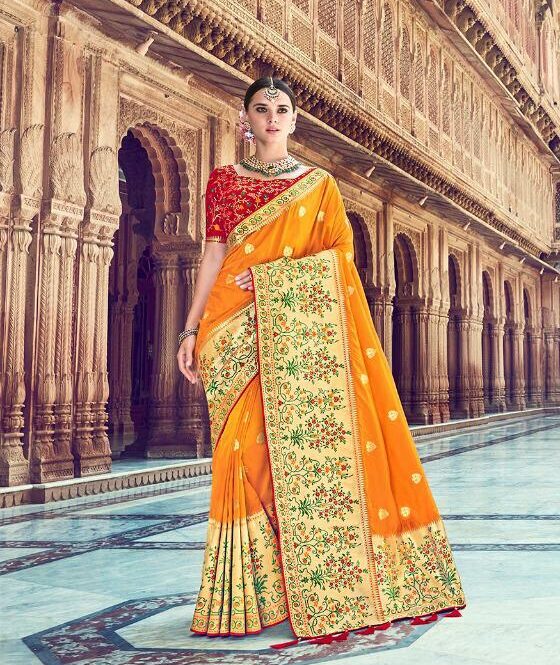 Unstitched Bridal Wedding Sarees, for Easy Wash, Dry Cleaning, Anti-Wrinkle, Shrink-Resistant, Width : 7 Meter