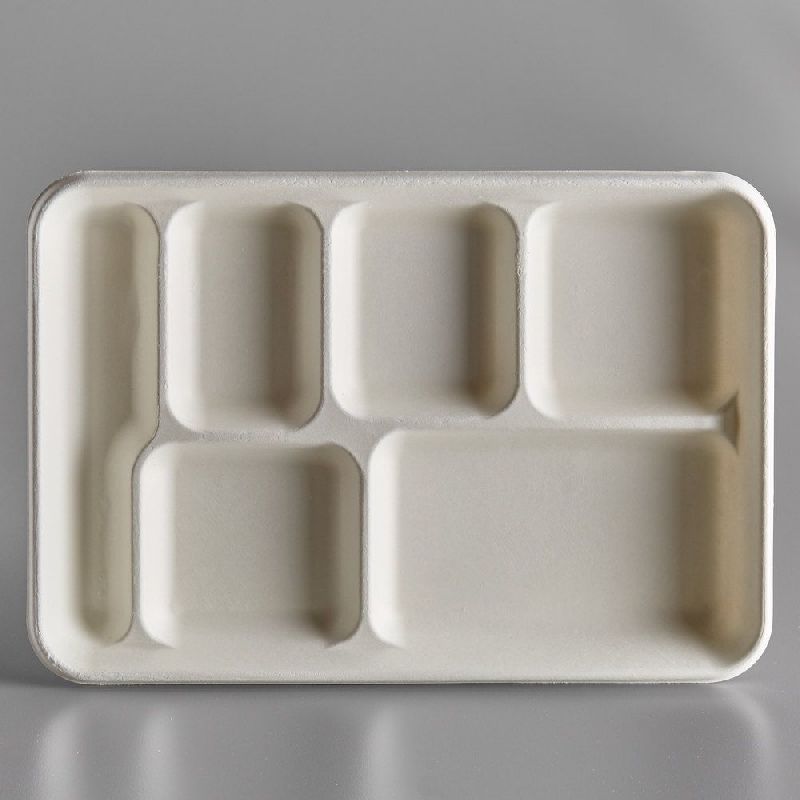 Rectangular 6 Compartment Sugarcane Bagasse Plate, for Serving Food, Color : Light Brown