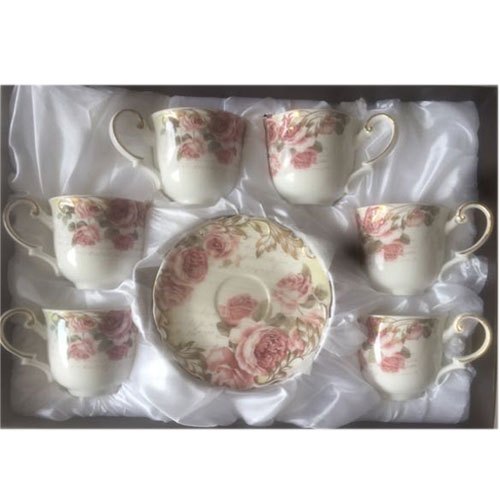 Printed Ceramic Tea Cup Set, Color : White