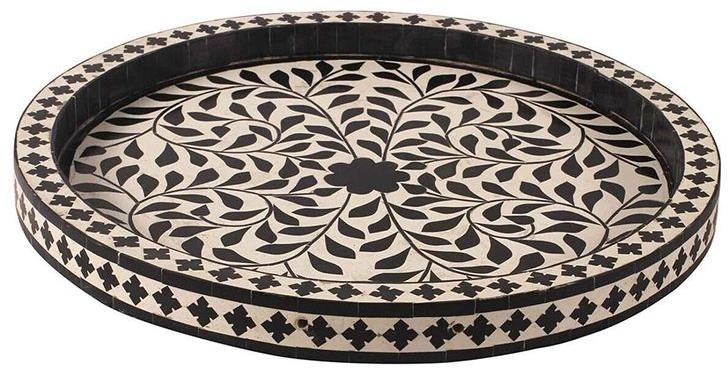 CNC Polished Bone Inlay Round Tray, for Serving Tea, Color : Black