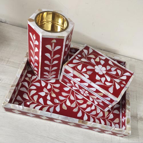 Red Mother of Pearl Tray with Box and Tea Light