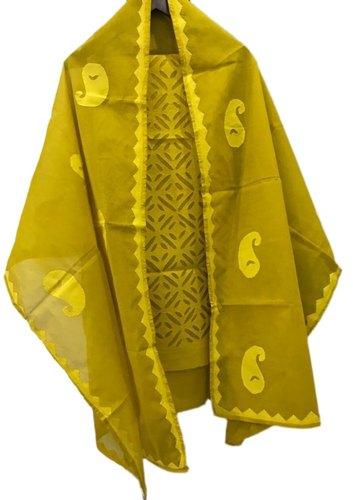 Mustard Yellow Applique Work Suit Material, Feature : Anti Wrinkle, Anti-Shrink, Comfortable, Disposable
