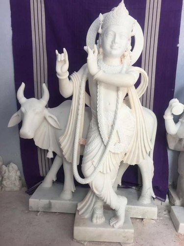 Marble Krishna With Cow Statue, for Worship, Temple, Pattern : Carved