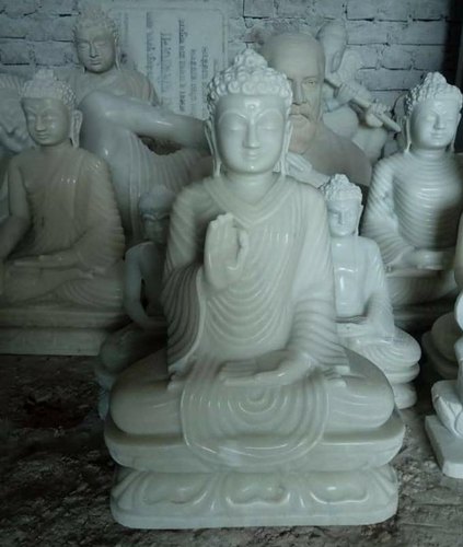 Marble Sitting Buddha Statue, for Worship, Temple, Pattern : Carved