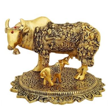 Metal Kamdhenu Cow Calf Statue