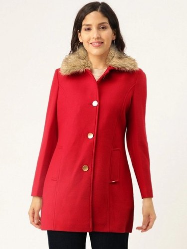 Women Solid Tweed Collared Neck Coat