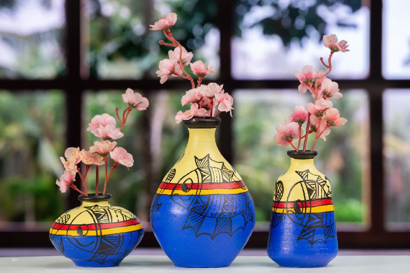 Terracotta Madhubani Handpainted Pots Multicolor Set Of 3