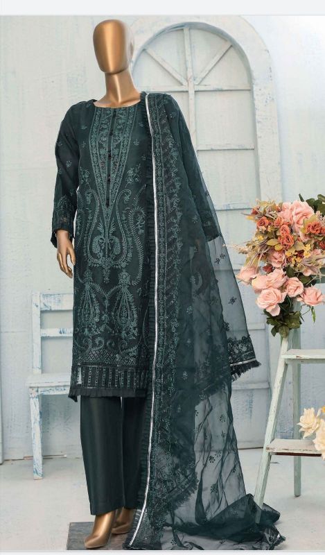 Embroidered Cotton Green Sadabahar Designer Suit, Sleeve Style : Full Sleeves