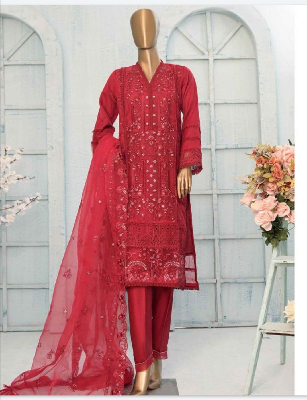Embroidered Cotton Red Sadabahar Designer Suit, Technics : Machine Made