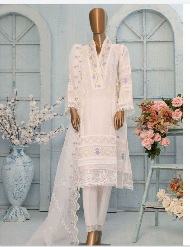 Embroidered Cotton White Sadabahar Designer Suit, Technics : Machine Made