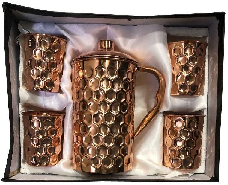 Round Exclusive Copper Jug and Glasses Set, for Restaurant, Design Type : diamond cut