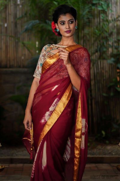 Shibori Dyed Chiffon Saree With Zari Border