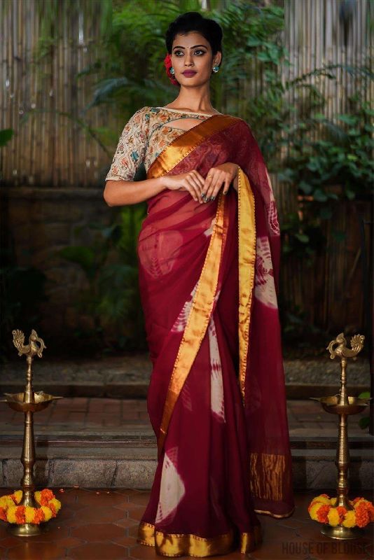 Shibori Dyed Chiffon Saree With Zari Border