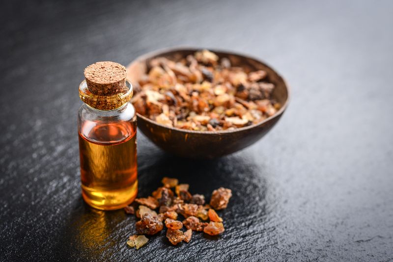 Organic Myrrh Essential Oil, for Cosmetics, Medicines, Form : Liquid