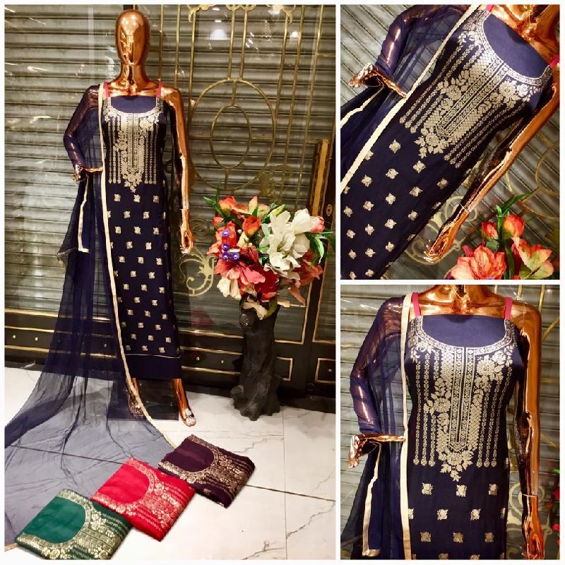 Kolkata Handmade Embroidered Unstitched Suit, Feature : Breathable, Dry Cleaning, Elegant Design