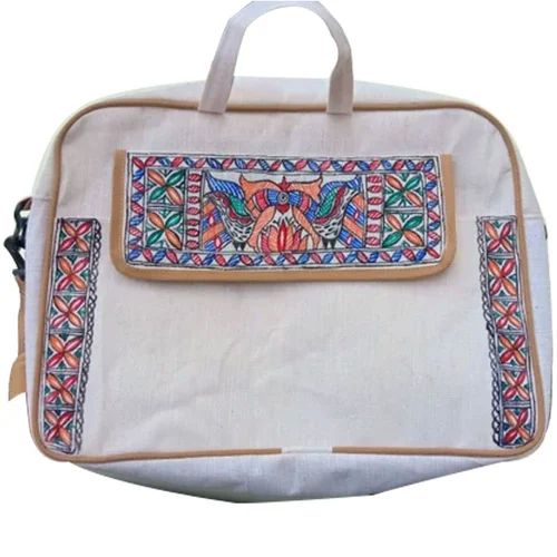 Madhubani Art Embroidered Jute Laptop Bag, Pattern : Embroidery
