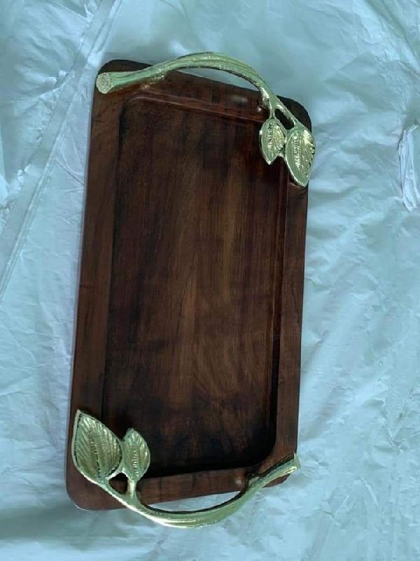 Rectengular Wooden Tray with Leaf Handle, for Homes, Hotels, Restaurants, Feature : Light Weight, Durable