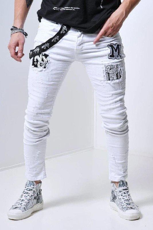 Mens White Patch Jeans, Size : L, XL