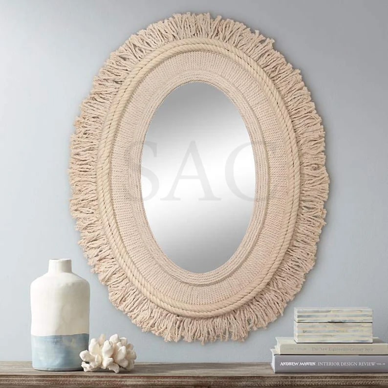 Hanging Wall Mirror with Macrame Fringe