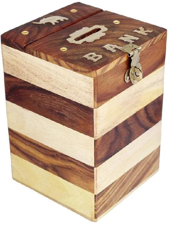 Square Wooden Money Box, Color : Brown