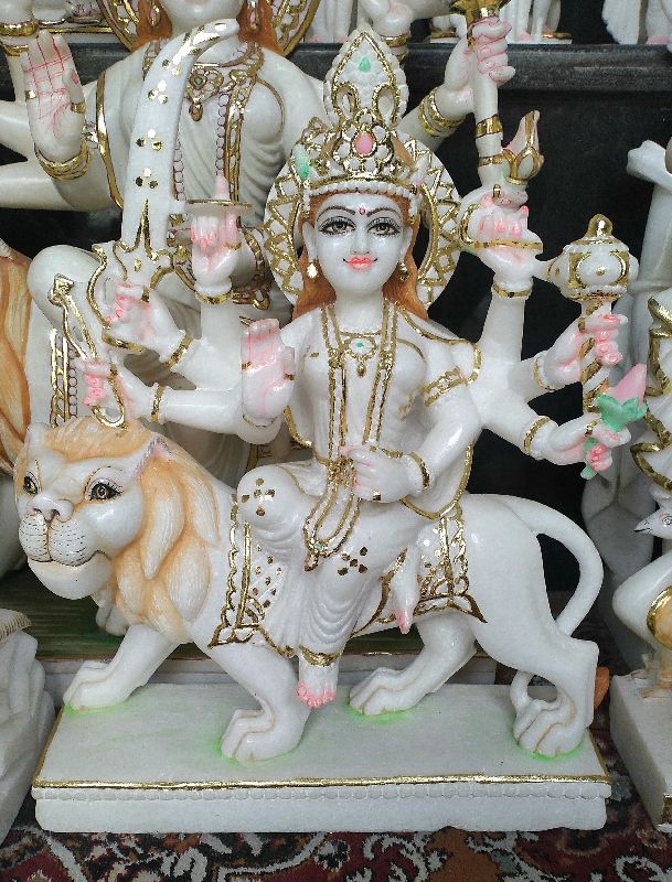 Maa Durga White Marble Statues, for Worship, Temple, Interior Decor, Office, Home, Gifting, Pattern : Printed