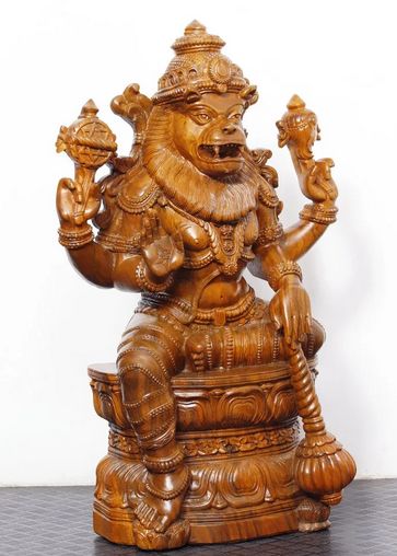 Polished Plain Wooden Lord Narasimha Statue, Feature : Shiny Look, Termite Proof, Unique Design