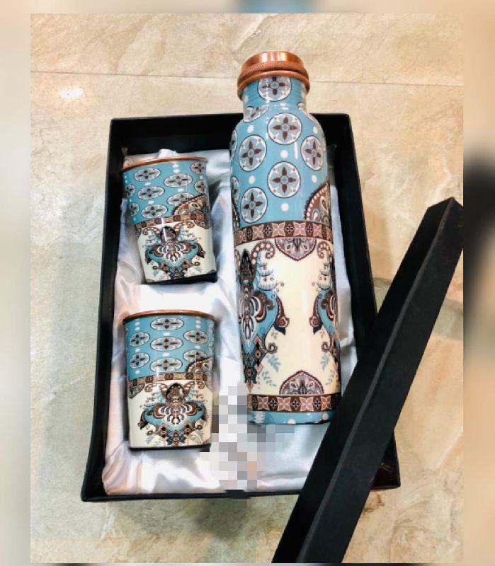 MEENAKARI PRINT COPPER BOTTLE GLASS SET, for Gifting, Feature : Attractive Designs, Colorful Printed