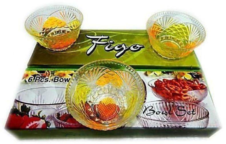 Round Glass Polished Figo Bowl Set, for Hotel, Restaurant, Home, Pattern : Carved