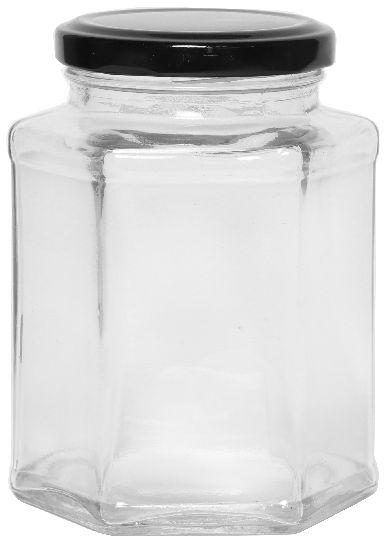 400 ML HEXAGONAL GLASS JAR, for Packing Food, Pattern : Plain