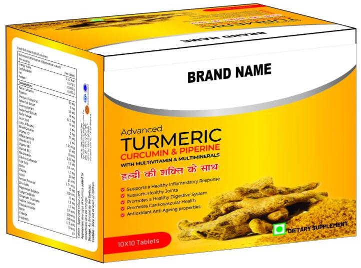 Turmeric, Curcumin and Piperine Tablets, Packaging Type : Box